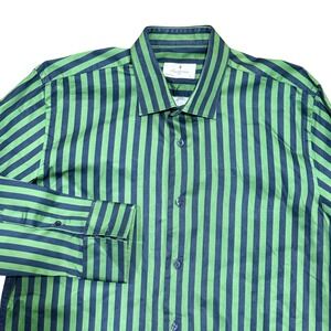 Sartoria ASA Slim Fit Men Large Button Down Long Sleeve Shirt Green Blue Stripe
